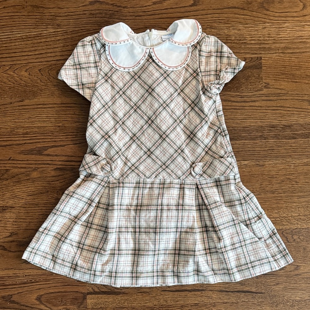 Luli & Me Pleated Plaid Dress With Embroidered Scalloped Collar